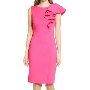 NWT Eliza J Ruffle Scuba Sheath Dress Fuchsia Size 2
